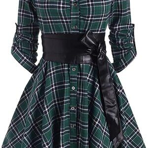 Long Sleeve Dress Plaid Belt Dress Mid Length Dress